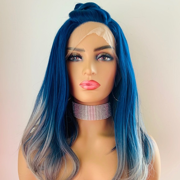 Angled Blue Grey 13x2.5 Synthetic Lace Front Wig - Picture 9 of 12